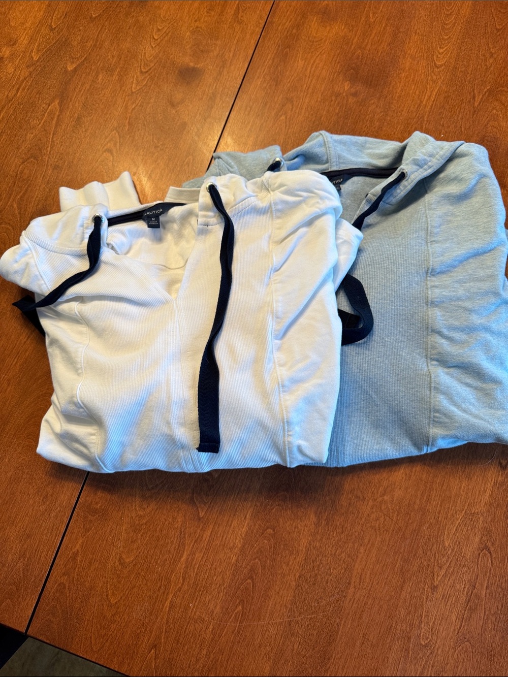Nautica Women’s Light Blue & White Crewneck Hoodie with Navy Drawcords